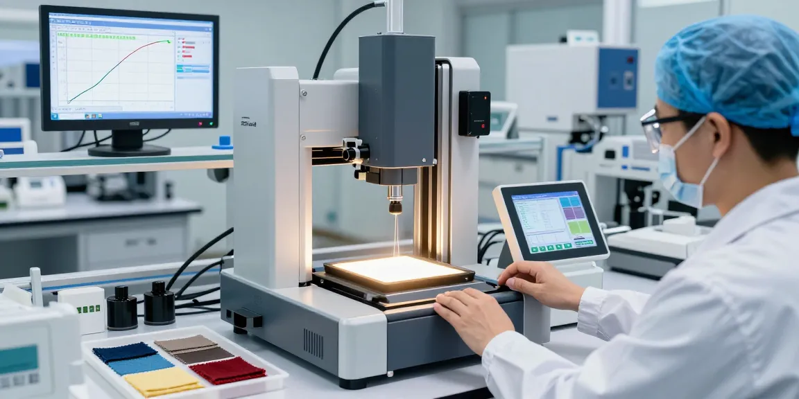 SmartPull tensile tester in a modern lab, technician analyzing fabric strength with digital readouts and stress curves.