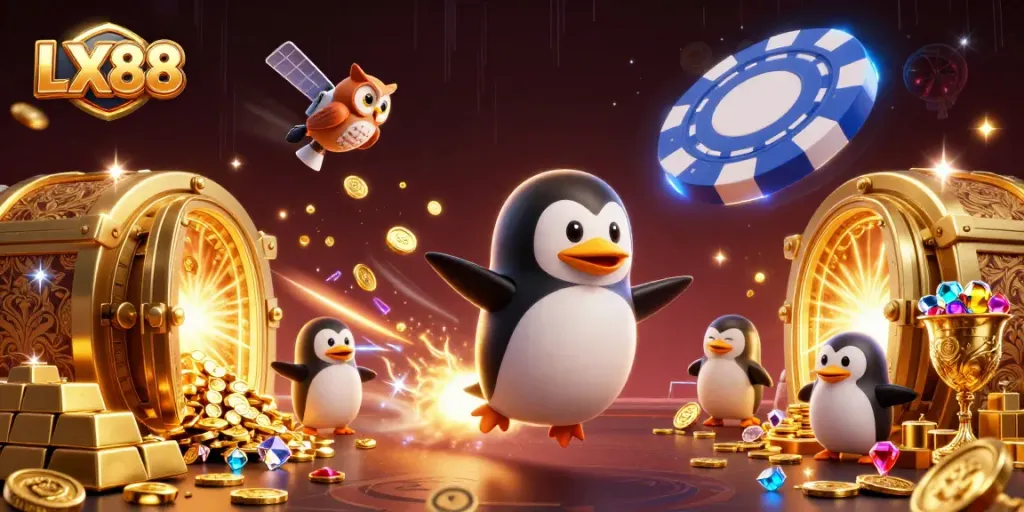 Experience the thrilling LX88 casino adventure with a golden penguin in a dynamic 3D illustration.