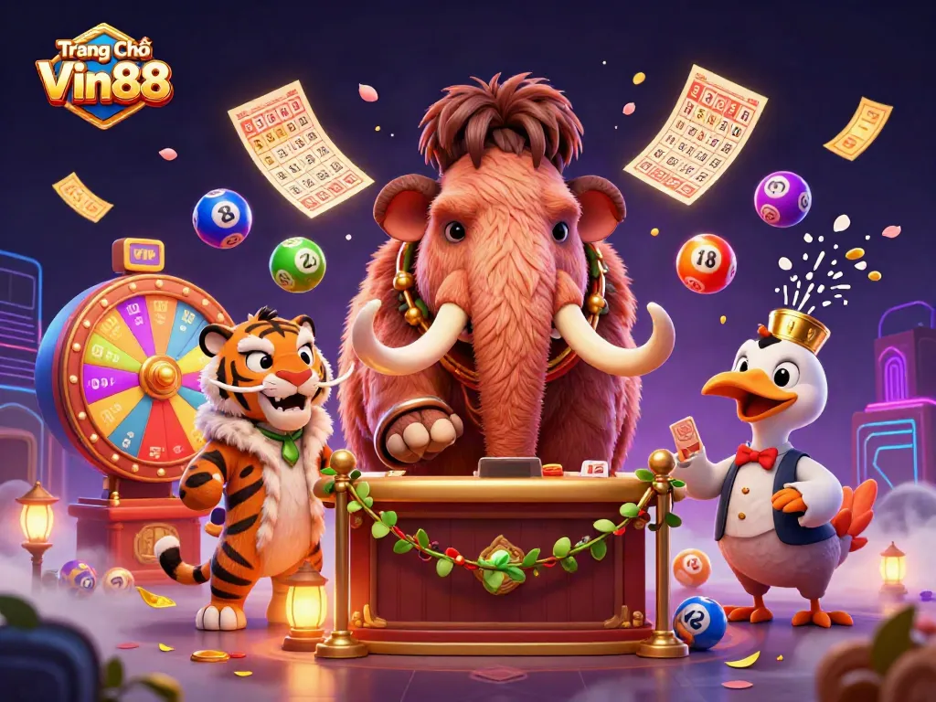 Experience excitement at Trang Chủ Vin88 with dynamic lottery balls and colorful casino elements.