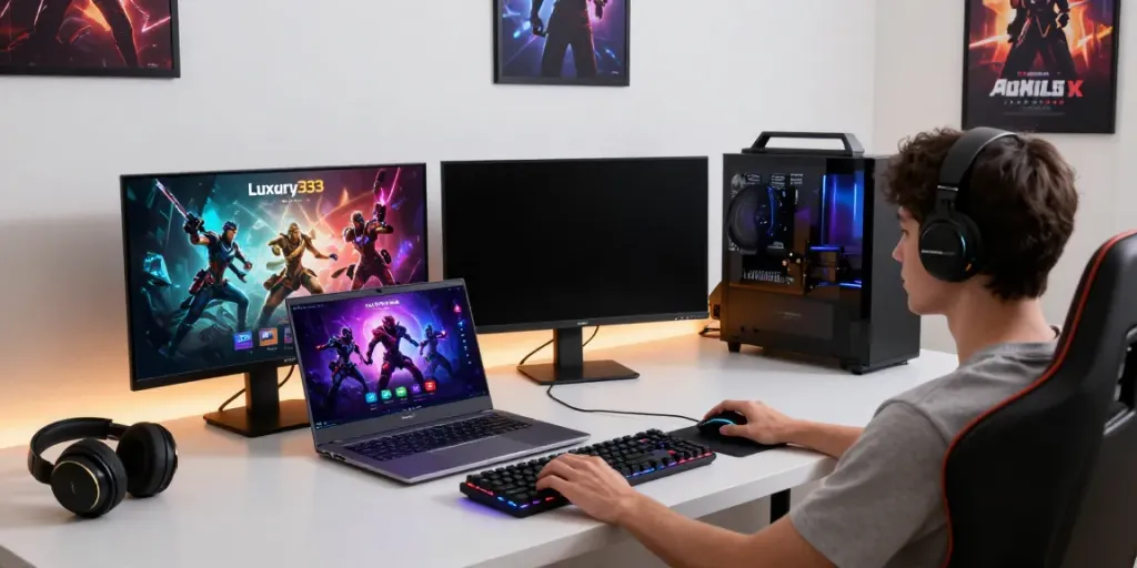 Interactive Luxury333 gaming interface with vibrant visuals, gaming gear on ergonomic workspace.