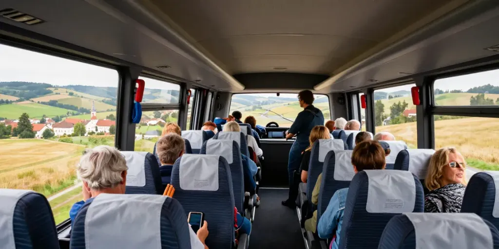 Curse regulate cu autocarul în Europa, pasageri călătorind confortabil prin peisaje pitorești europene.