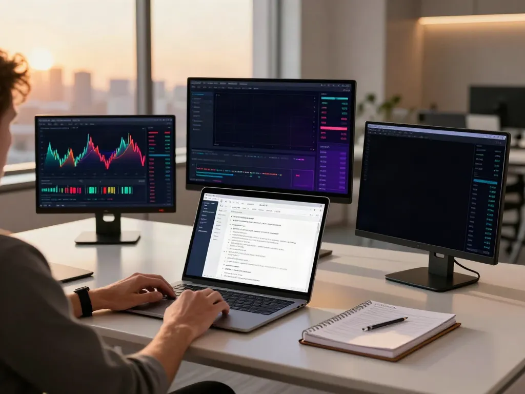 Forex quote API displayed on multiple screens in a professional trading environment with city skyline view.