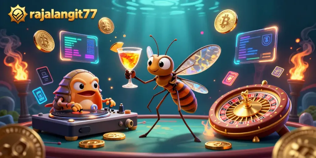 Permainan slot Gacor di rajalangit77 dengan maskot kasino bernuansa kuning keemasan dan elemen cryptocurrency