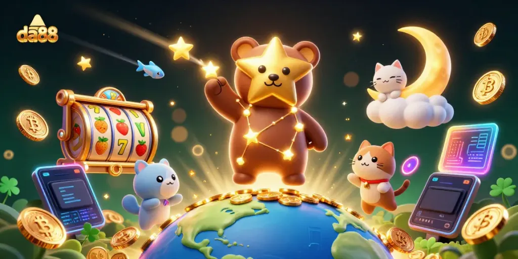 Experience excitement with da88 as golden stars and slot reels light up the night sky.