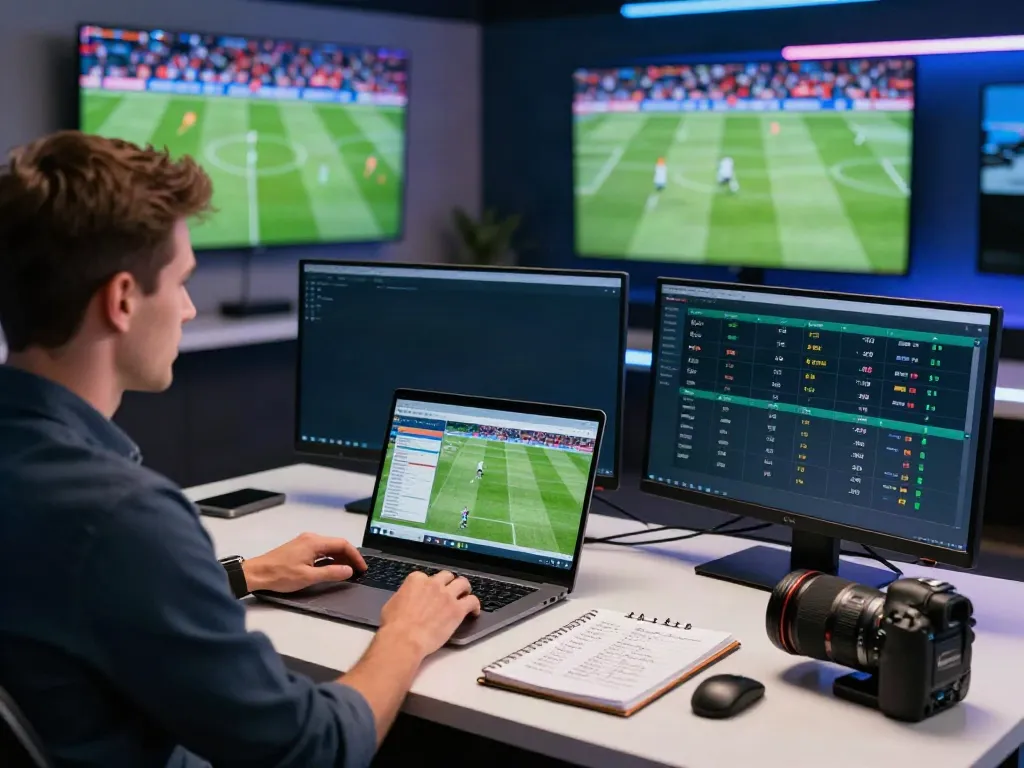 Engaged sports analyst exploring WWBOLA live betting odds in a dynamic setting, showcasing detailed match analysis and excitement.