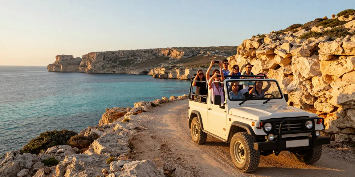 Gozo jeep tour adventure along scenic coastline with travelers enjoying the view.