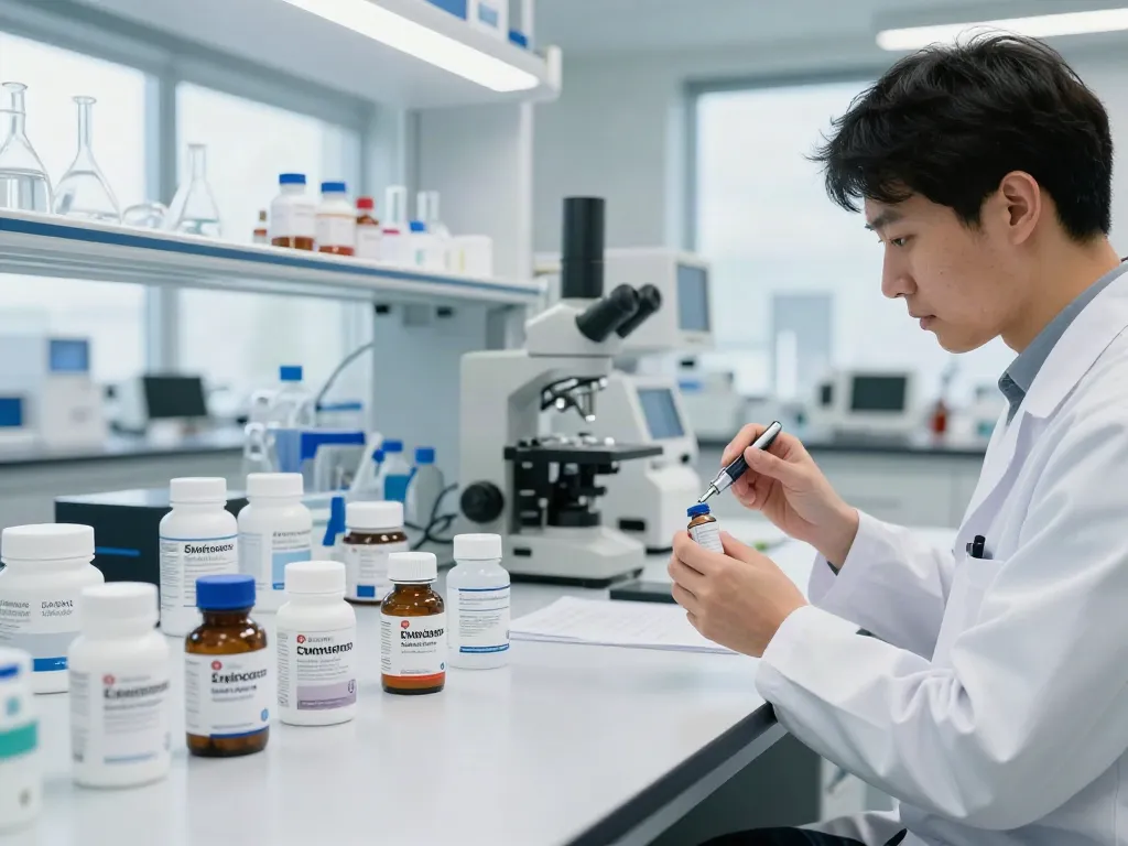 Researcher analyzing Swiss Chems peptides in a clean laboratory setting.