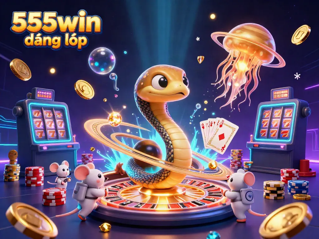 Engage in 555win đăng nhập with a vibrant 3D casino scene showing a Saturn snake and playful mice betting.