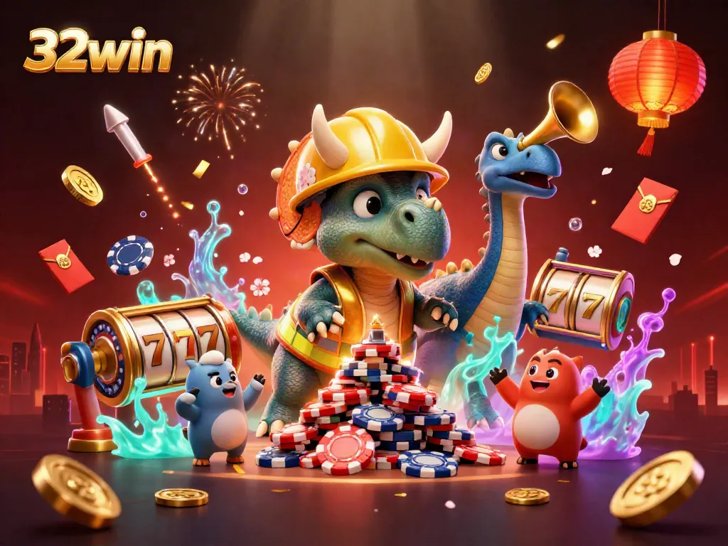 Experience thrilling gameplay at 32win as the triceratops builds casino excitement with floating slot reels!