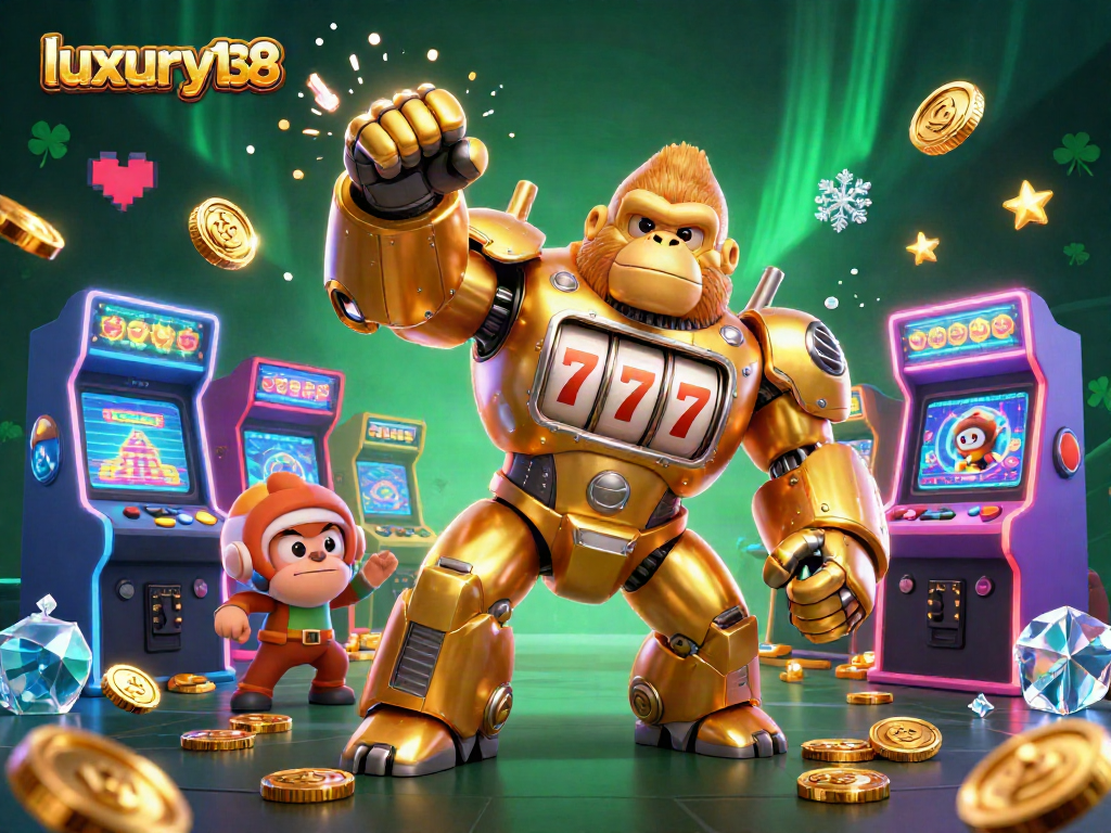 Luxury138 mempersembahkan ilustrasi digital 3D kasino dengan gorila emas transformasi dan mesin slot.