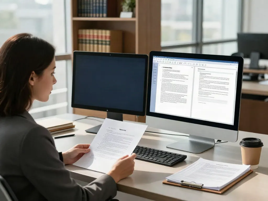 Karen McCleave GTA reviewing legal documents in a modern office.