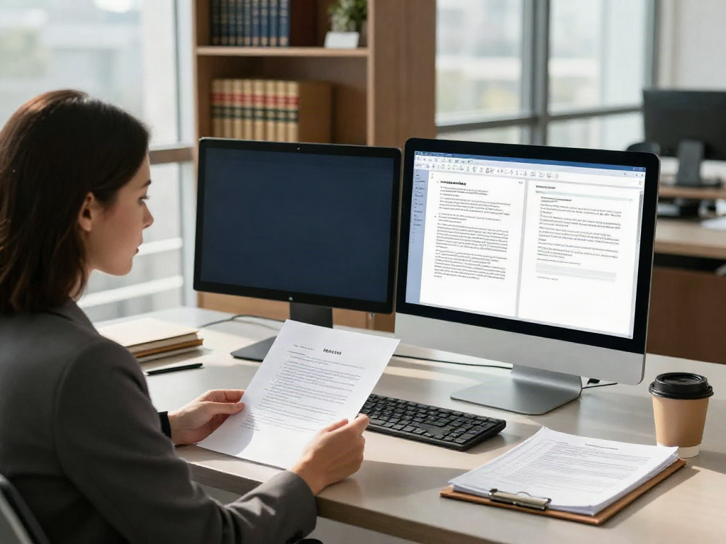 Karen McCleave GTA reviewing legal documents in a modern office.