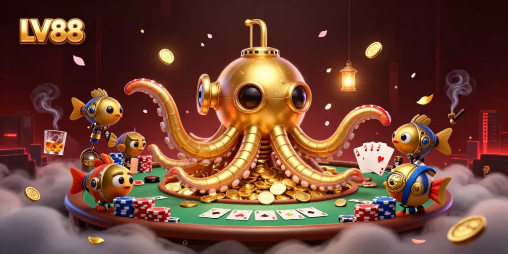 Experience exhilarating gaming at LV88, surrounded by golden coins and vibrant poker action.