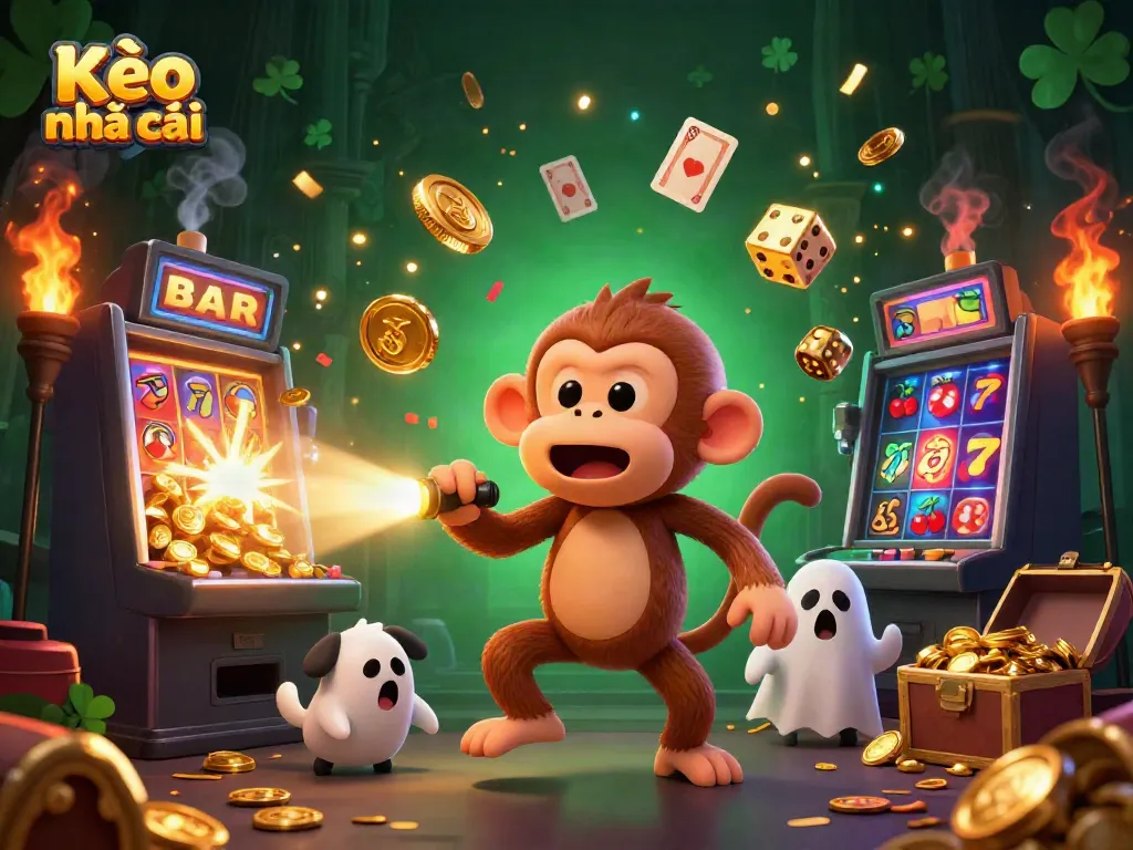 Experience the thrill of Kèo nhà cái with a playful ghost monkey and a curious puppy in a vibrant haunted casino scene.