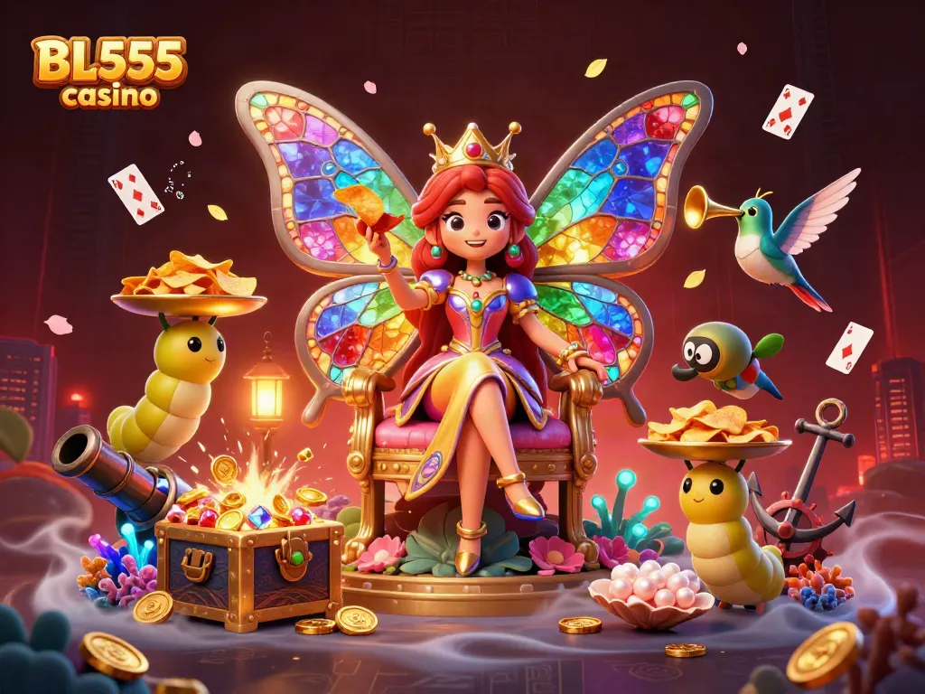 Experience the vibrant BL555 casino scene with a butterfly queen amidst treasures and games.