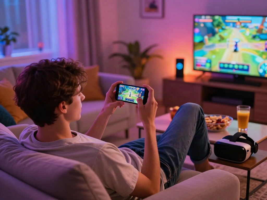 Engaged young adult playing mobile porn games on a smartphone, cozy gaming setup with colorful LED lights and snacks.
