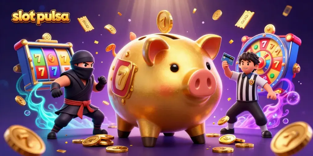 Experience the exciting slot pulsa action with golden characters and vibrant casino elements in a dynamic 3D scene.