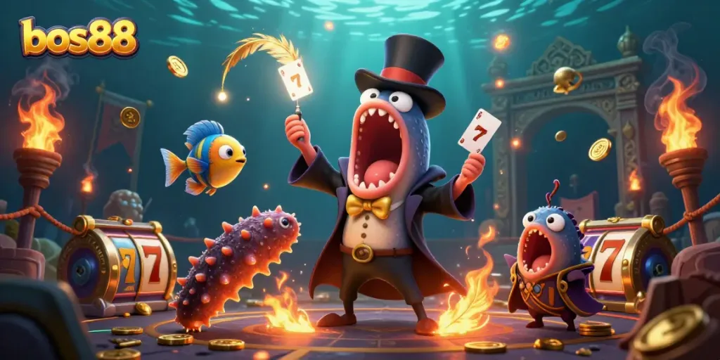 Engage with bos88's vibrant casino world featuring playful deep-sea characters and thrilling slot elements.