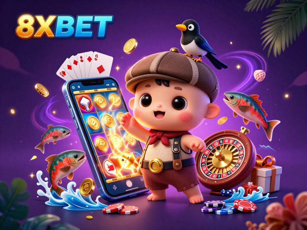 Engage with 8XBET's thrilling games, featuring energetic characters and colorful casino elements.