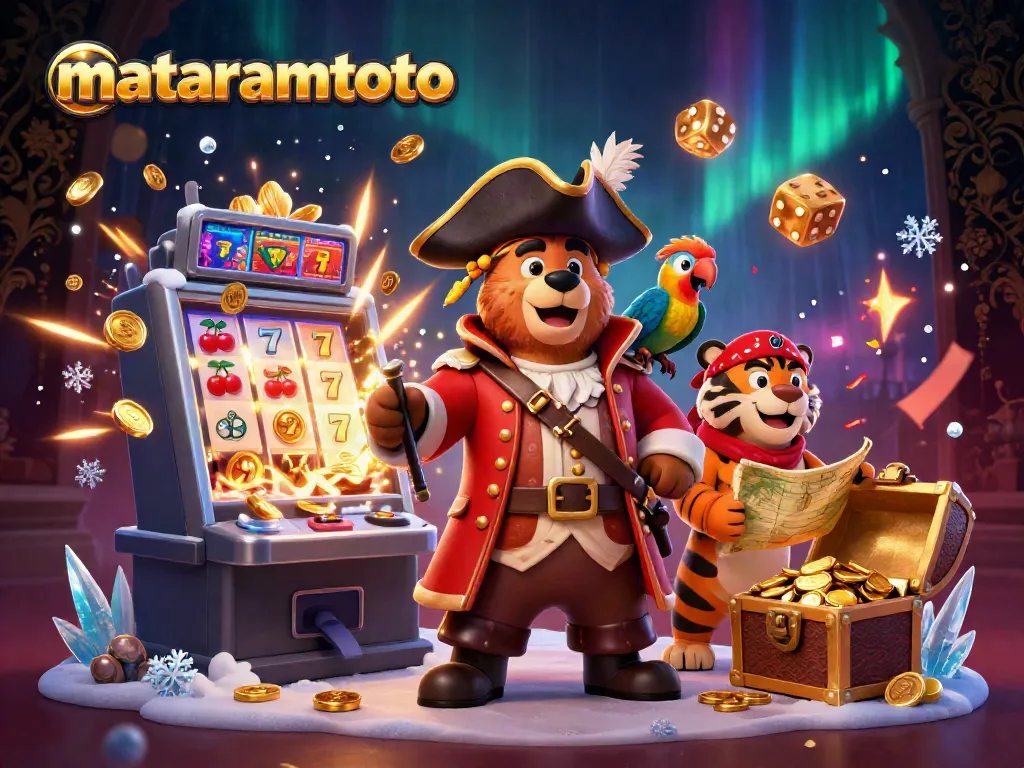 Exciting jackpot celebration at mataramtoto, featuring lively pirate bear and tiger sharing a treasure map amidst casino elements.