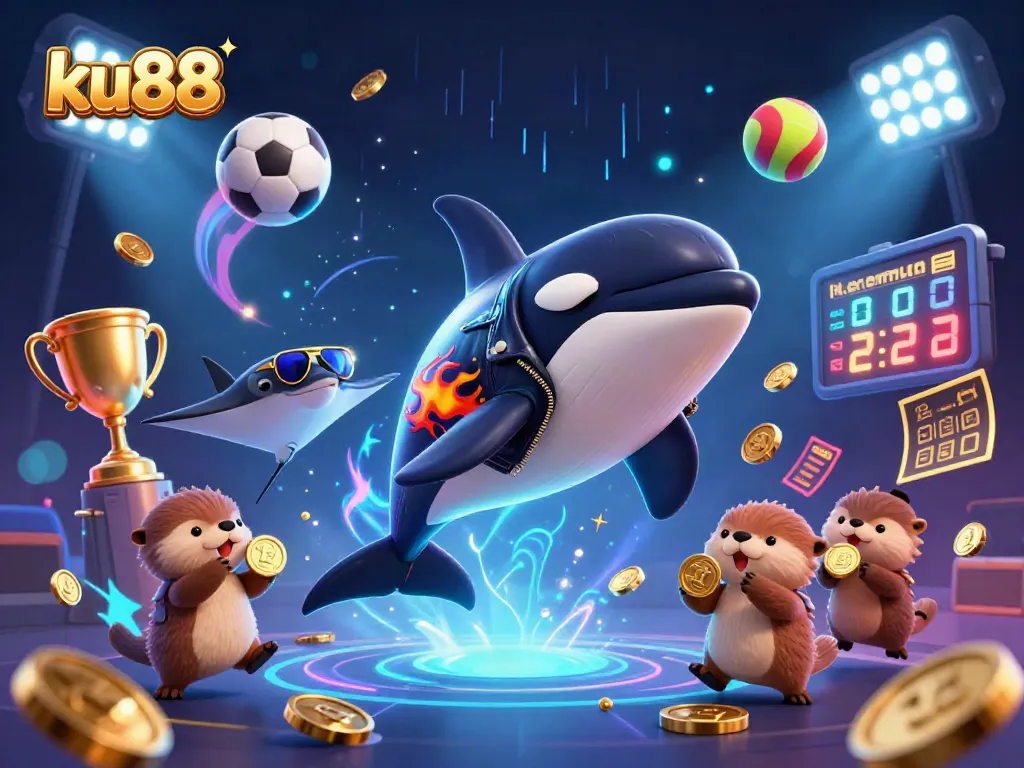 ku88 engages with thrilling 3D casino action featuring orca, stingray, and sea otters amidst vibrant gaming elements.