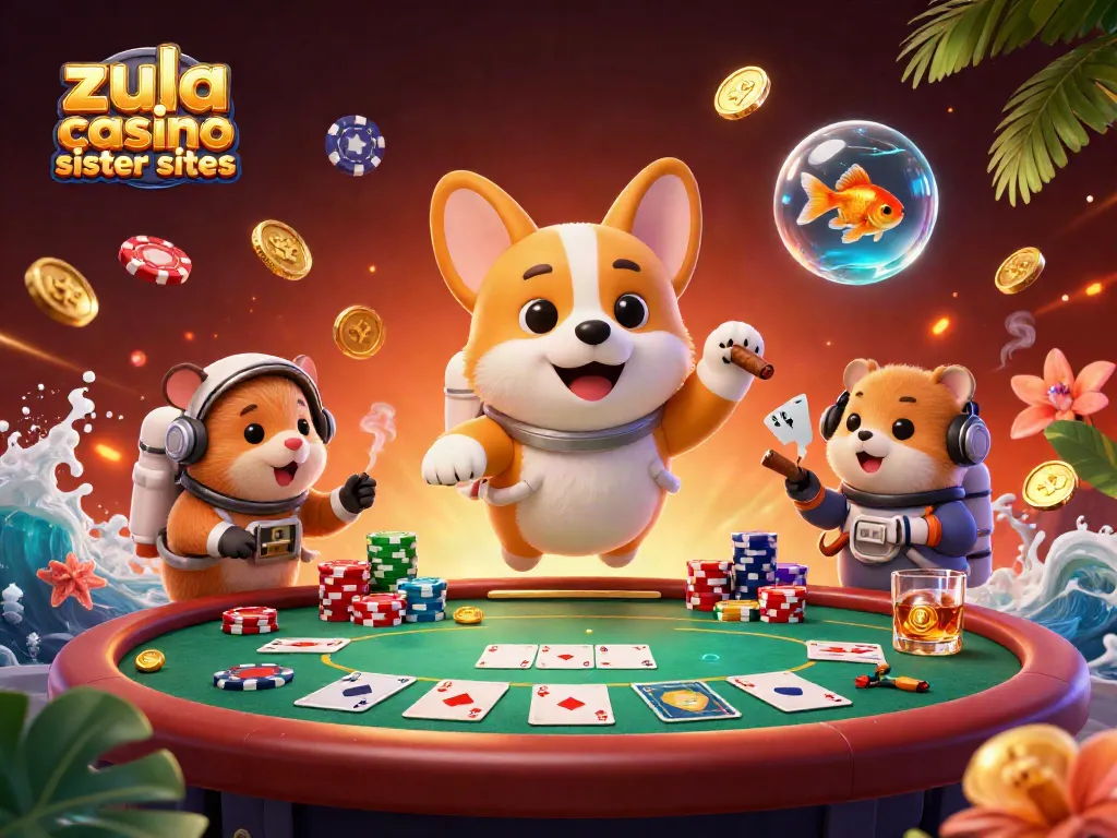 Explore zula casino sister sites through gameplay featuring cartoon characters in a vibrant casino scene.