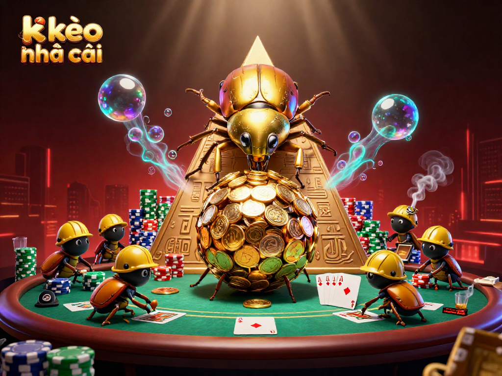 Engage with kèo nhà cái to experience playful gambling strategies illustrated by cheerful golden dung beetles.