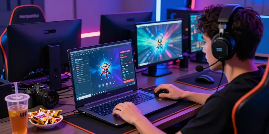 Player engaged with Hargatoto gaming platform on laptop in a vibrant gaming setup.