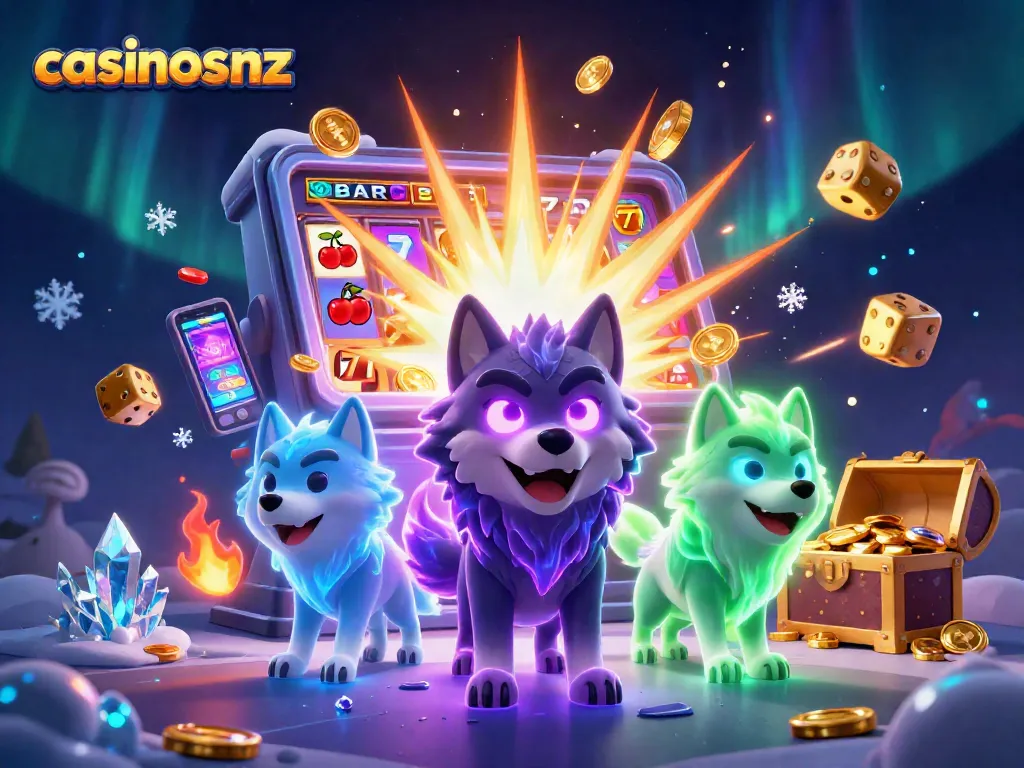 Engage with casinosnz in a vibrant 3D scene featuring wolves and a jackpot explosion.