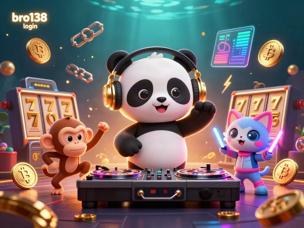 Experience the excitement of bro138 login with fun characters, slot reels, and vibrant casino elements.