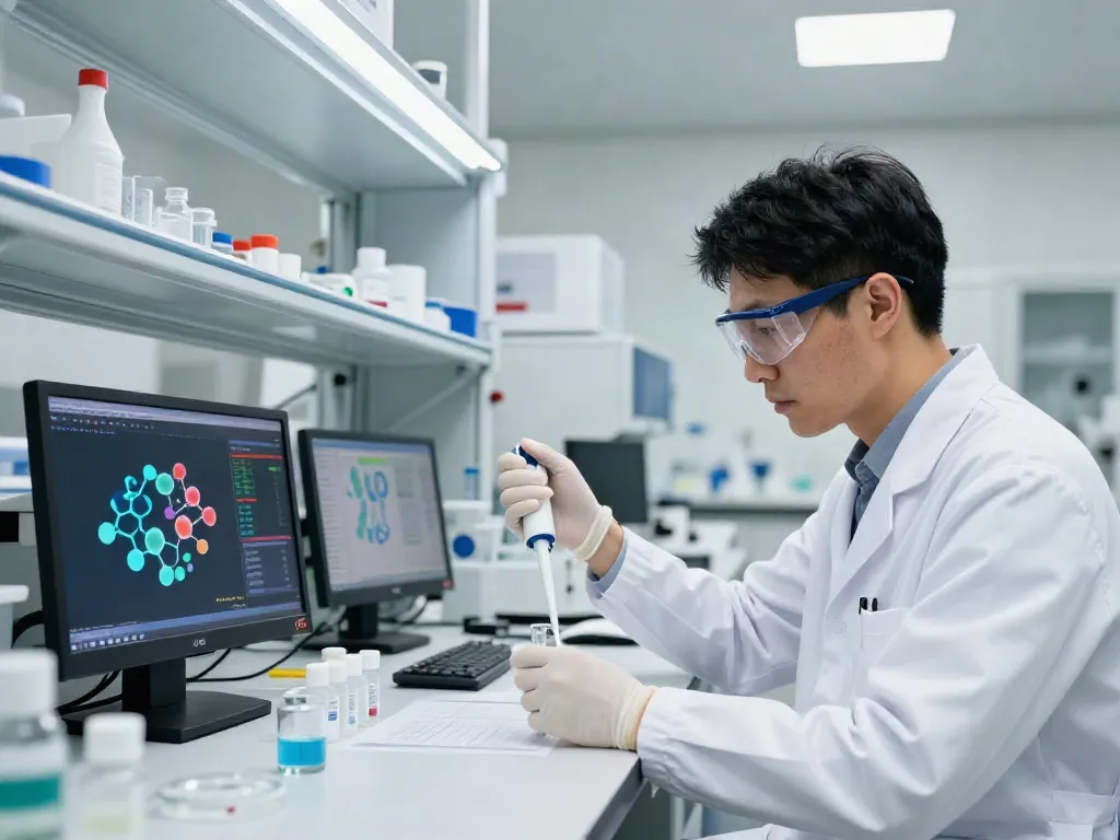 KPV10 peptide research in a high-tech laboratory, scientist analyzing samples.