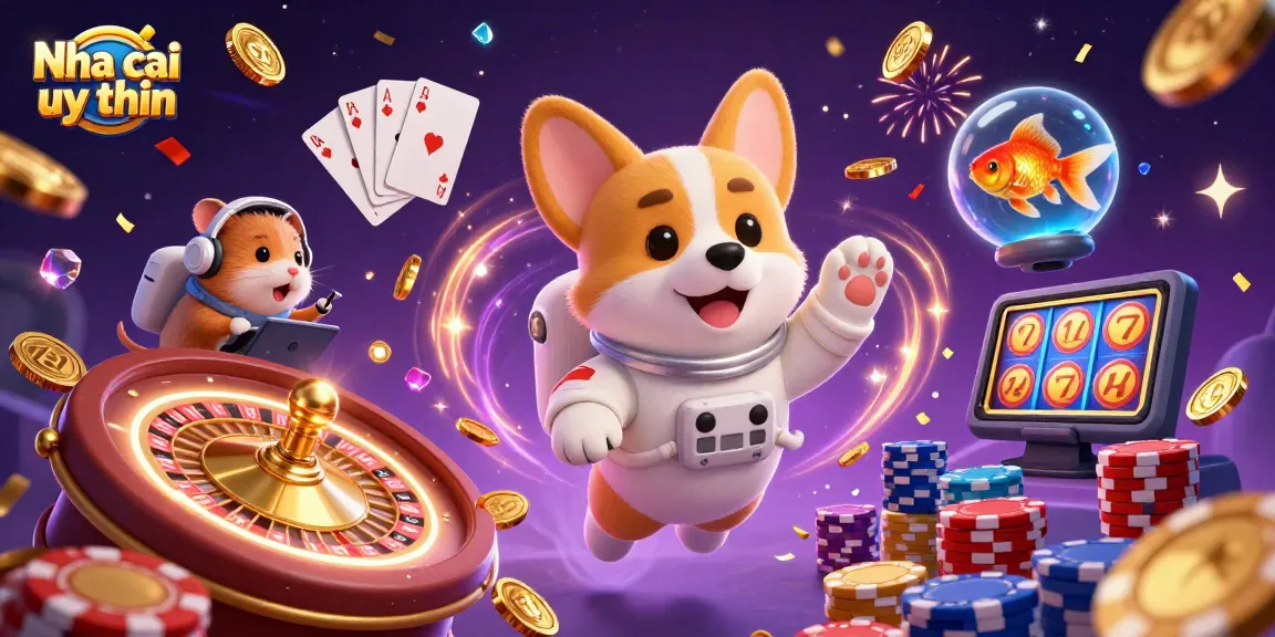 Nha cai uy tin astronauts playing in a space casino surrounded by floating poker chips and sparkling gems