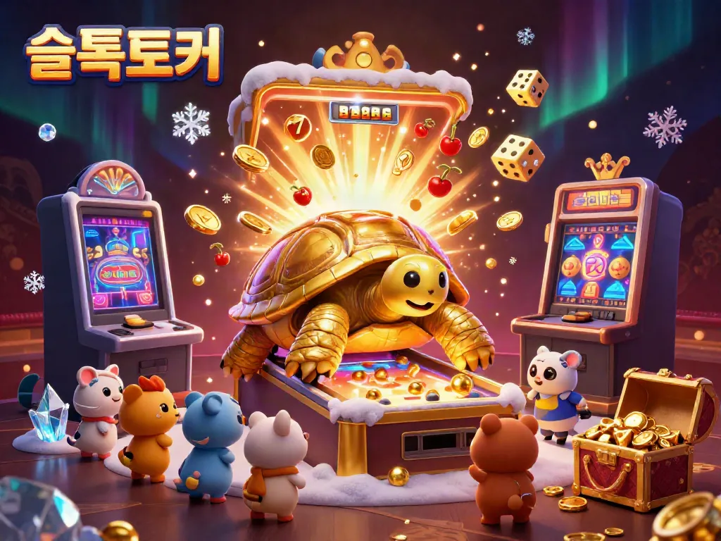 Experience the thrill of slots with 슬롯토커 illustrated as a joyful cartoon scene full of vibrant gold and engaging characters.