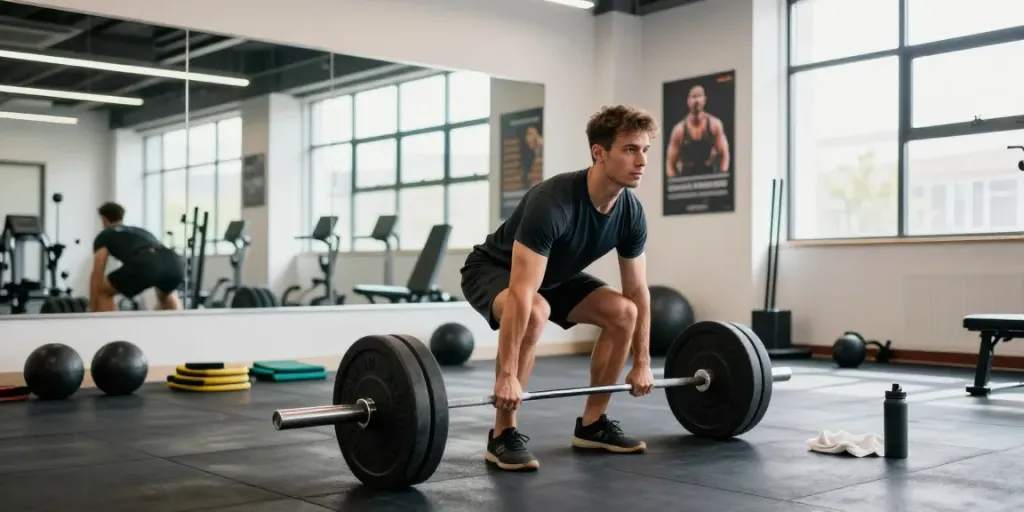 Man lifting weights in gym focusing on GHRP-6 muscle benefits