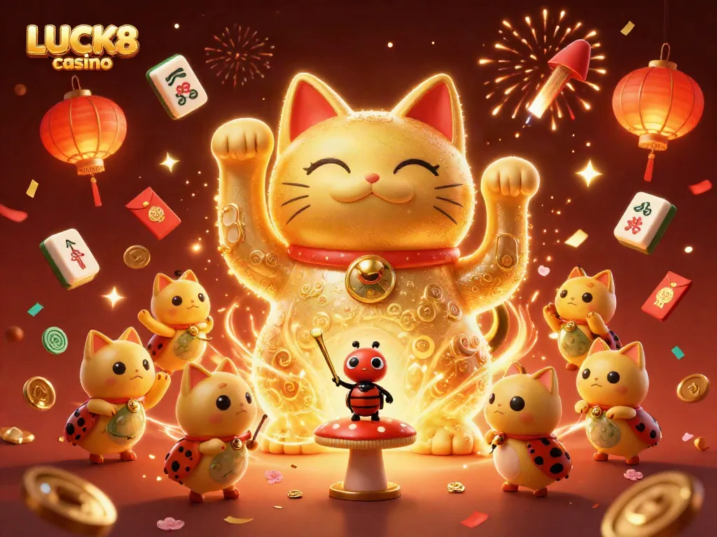 Experience the vibrant LUCK8 casino magic with floating symbols and a waving lucky cat.