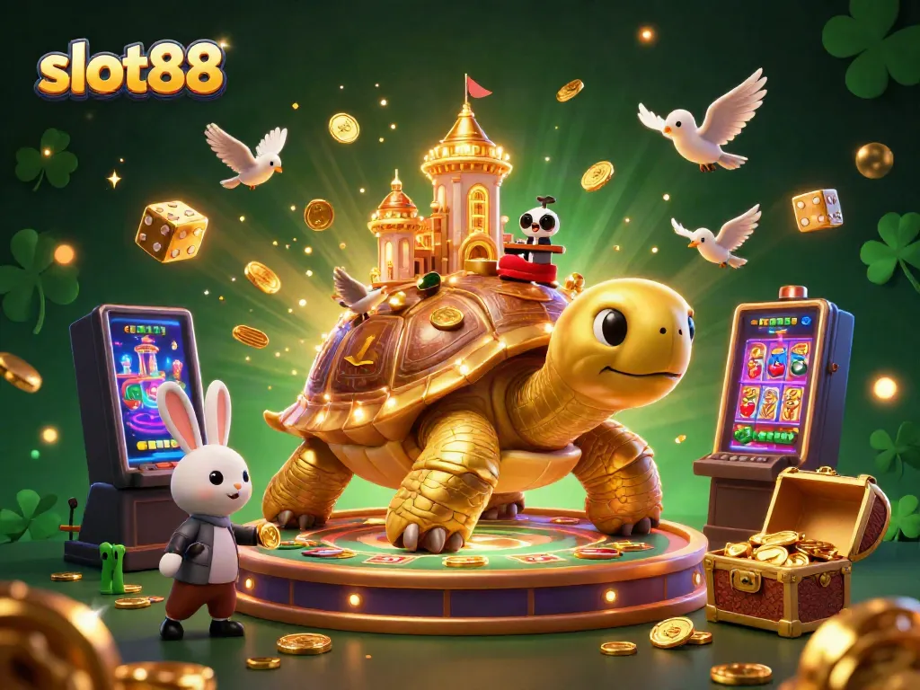 Experience the excitement of slot88 with a golden tortoise casino scene bursting with gold and vibrant lights.