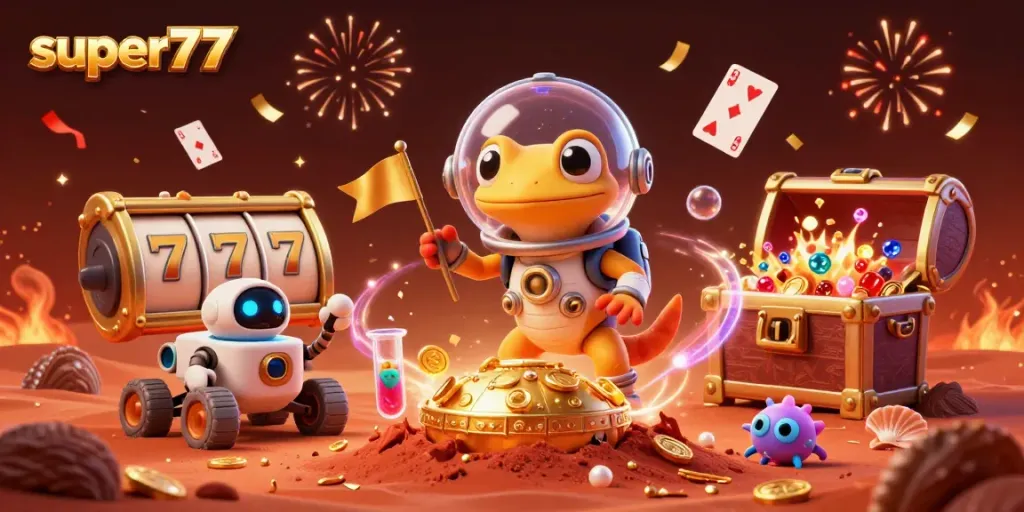Experience thrilling gameplay at super77 with Martian characters finding a golden casino amid colorful treasures.