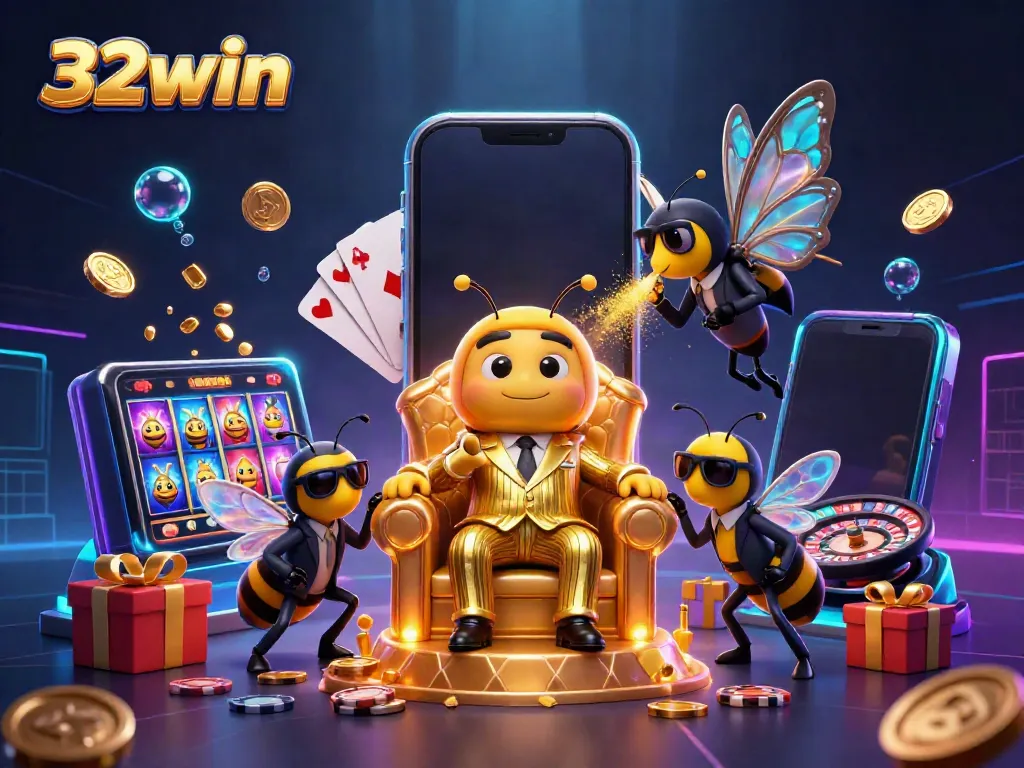 Experience the vibrant casino atmosphere with 32win's engaging 3D illustration of interactive gaming elements.