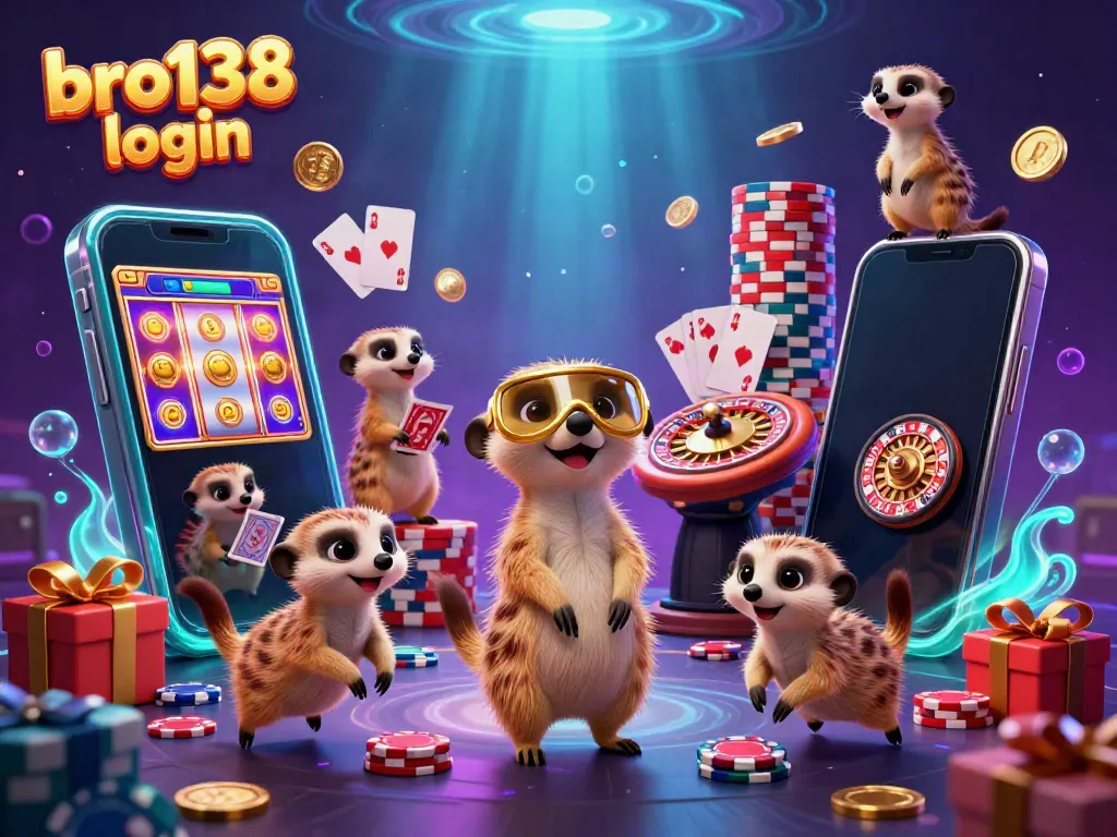 Experience the excitement of bro138 login in a vibrant casino scene with meerkats engaging in playful games and activities.