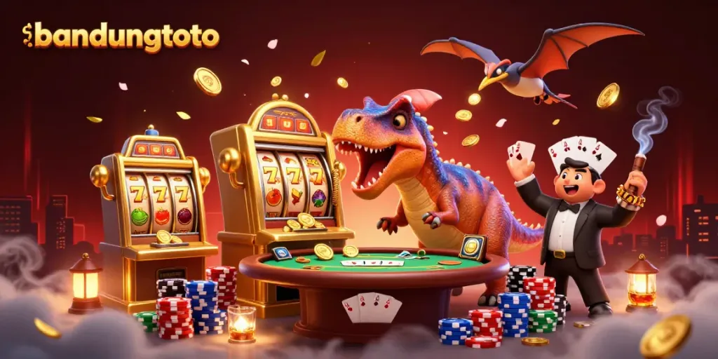 Bandungtoto's vibrant 3D cartoon scene featuring a dinosaur interacting with a winning slot machine and gameplay elements.