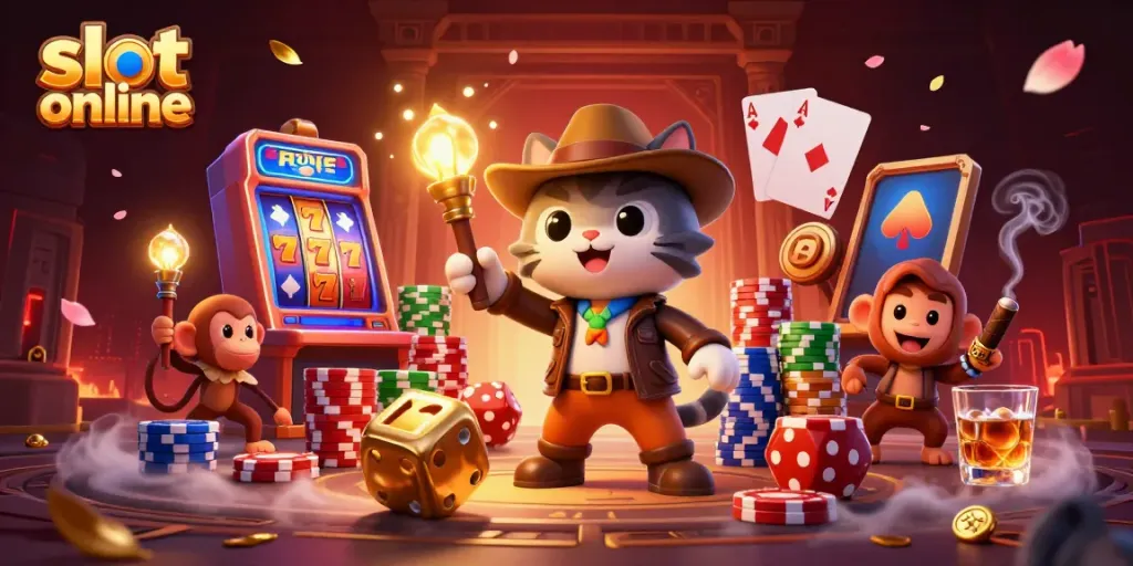 Play exciting slot online games with a dynamic illustration of a cat explorer and monkey companion.