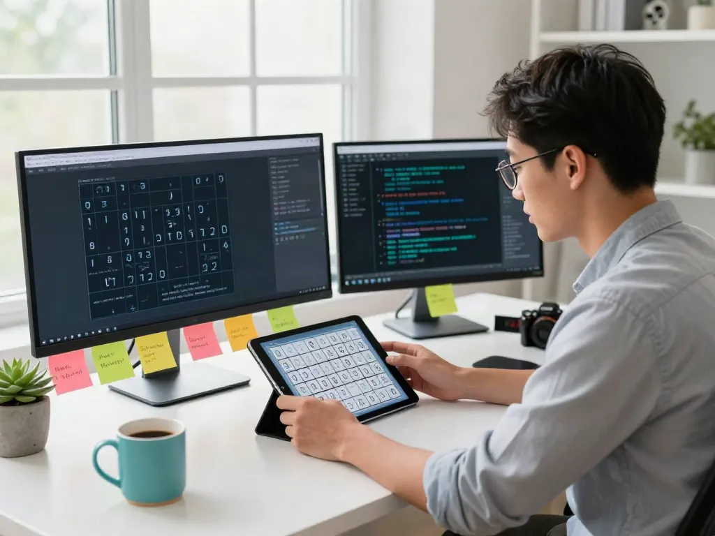 Engaged Sudoku enthusiast analyzing puzzles and strategies at a modern workspace with multiple screens.