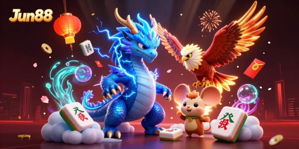 Experience excitement with Jun88's dynamic casino game scene featuring dragons and vibrant casino elements.
