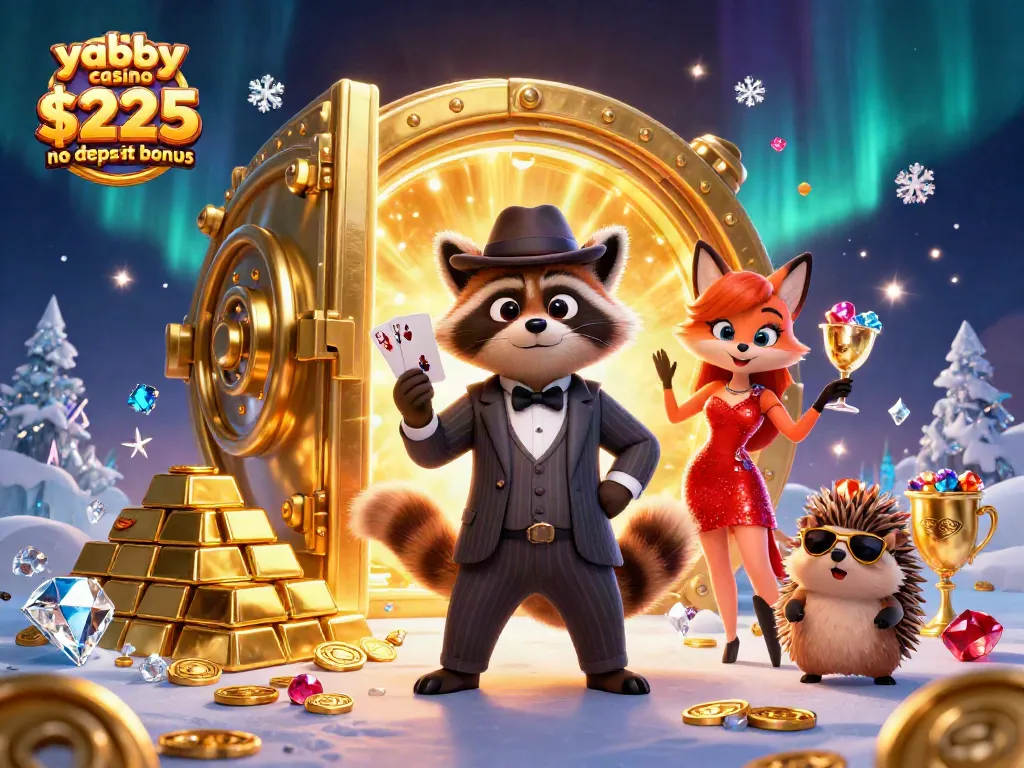 Get ready for the action and winnings with the yabby casino $225 no deposit bonus as the raccoon, fox lady, and hedgehog celebrate in style.