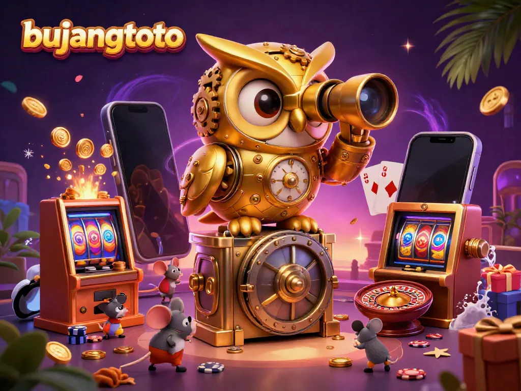 Experience the magic of bujangtoto with a 3D illustration of a whimsical casino scene featuring a golden owl and vibrant slot games.