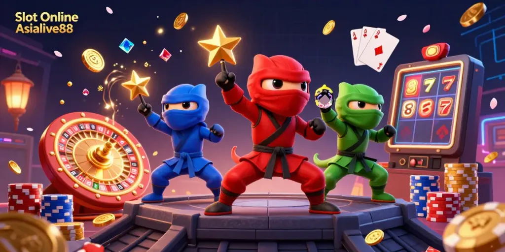 Experience the excitement of Slot Online Asialive88 with thrilling action from ninja chameleons amidst casino elements.