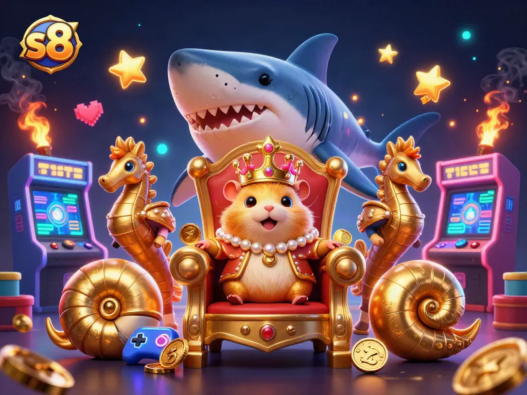 S8's thrilling world captivates with a golden hamster king on a megalodon throne, surrounded by gaming excitement.