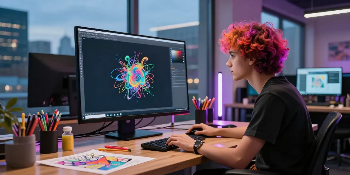 Artist using an online AI digital art generator in a modern workspace, vibrant colors and city view