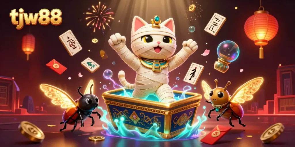 Engaging scene of tjw88 with Egyptian mummy cat and rich casino elements, promoting excitement in gameplay.
