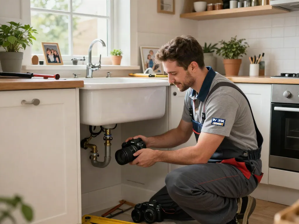 WeFix London plumber assessing a plumbing issue in a cozy kitchen.